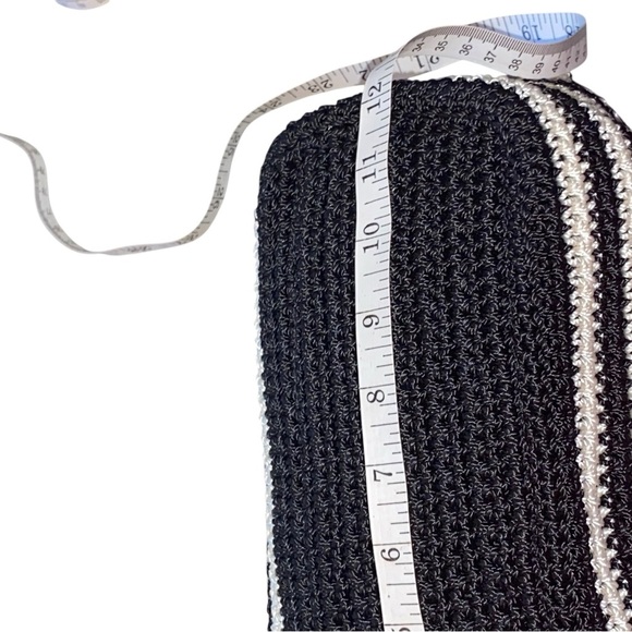 THE SAK Hobo Crochet Knit Bag Black white Striped pink flower Tassel Purse Charm - Picture 12 of 12